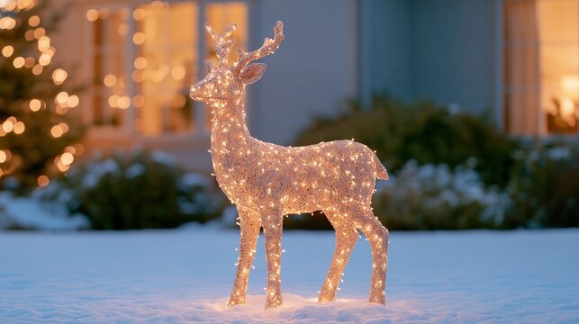 Illuminated wicker deer sculpture glowing with warm lights in snowy outdoor garden, surrounded by evergreen shrubs and softly lit house windows at winter evening
