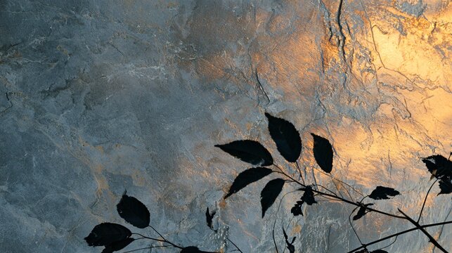 A contemporary Halloween background combines cool gray stone with warm amber reflections from an unseen light source, a few black leaves positioned near the lower edge, crisp architectural textures