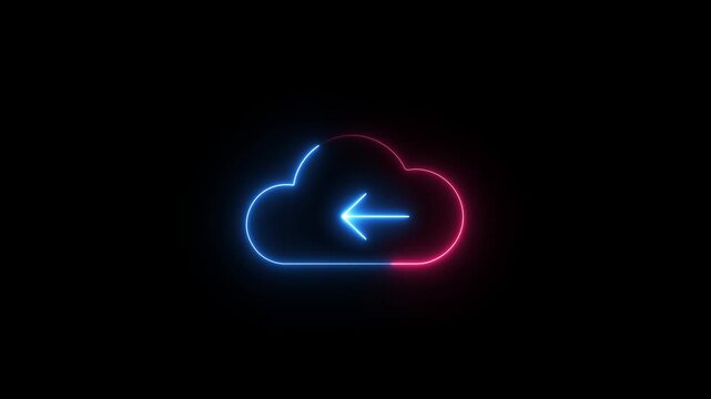 Neon glowing digital cloud icon cloud storage with left arrows icon animation, Cloud space and technology abstract Glowing neon cloud storage with arrows, Cloud space and technology data backup icon. 