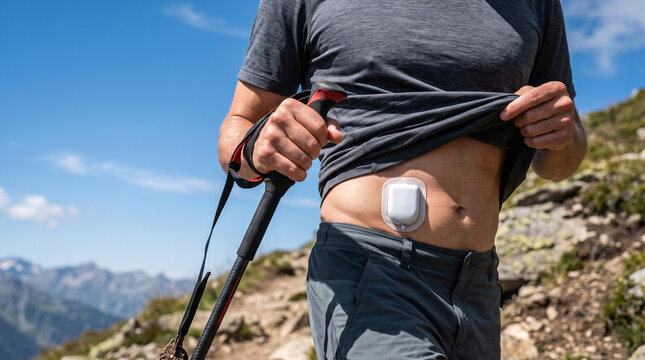 Faceless athletic man lifting shirt revealing continuous glucose monitor patch attached to abdomen while holding trekking poles during mountain hike under clear blue sky