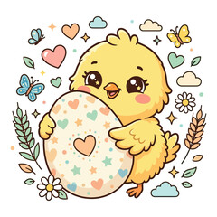 Fototapeta premium Cute yellow chick holding a decorated Easter egg surrounded by flowers, hearts, and butterflies