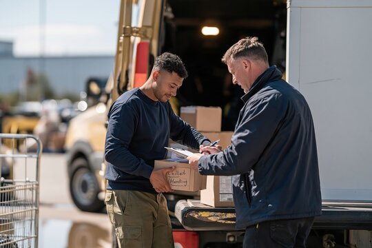 Warehouse delivery of a chilled cargo box with a man signing a clipboard by a van for third-party logistics and supply chain shipping