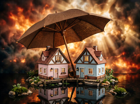 Miniature houses under large umbrella surrounded by calm water with fiery stormy background