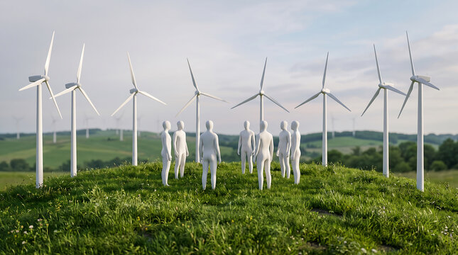 White figures standing among green field with wind turbines in background under clear sky