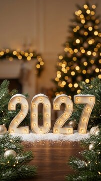 Illuminated 2027 marquee numbers with christmas tree
