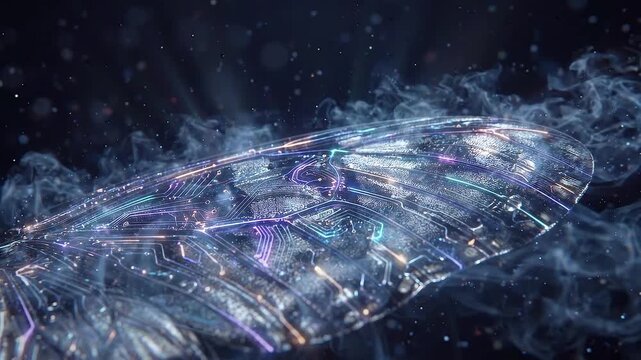 Macro 3D animation of a translucent insect wing embedded with glowing circuitry, traveling energy pulses and drifting particles in a futuristic cyberpunk atmosphere.