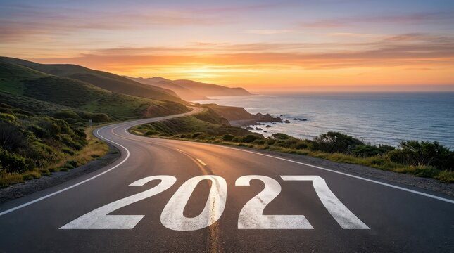 Scenic coastal road at sunset with year 2027 painted