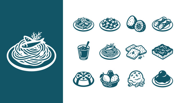 Collection of minimalist Sicilian food icons including pasta con le sarde, arancini, cannoli, cassata cake, sfincione, and prickly pears in a two-tone vector style for menu design.