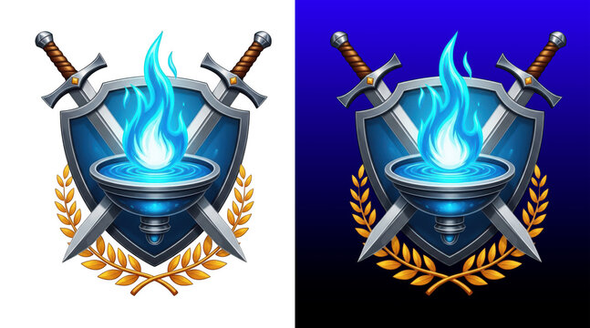 Fantasy shield emblem with crossed swords and laurel wreath