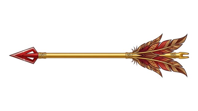 Golden arrow with red fletching and metallic arrowhead isolated on white