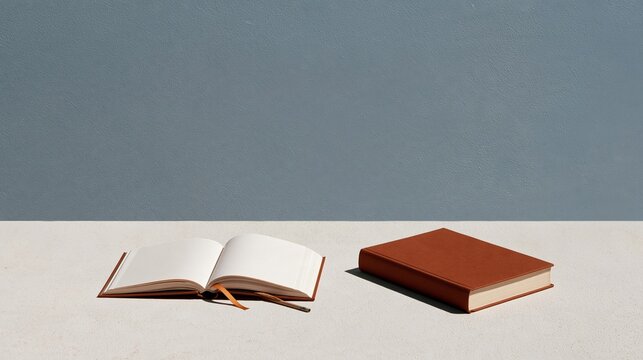 Open red hardback book with blank pages on a light surface against a blue wall, featuring a minimalist aesthetic for a readers hour and copy space