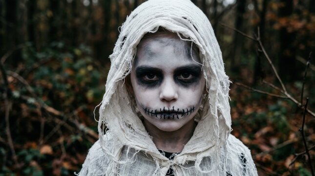 Young child wearing spooky ghost makeup and tattered white cloth hood