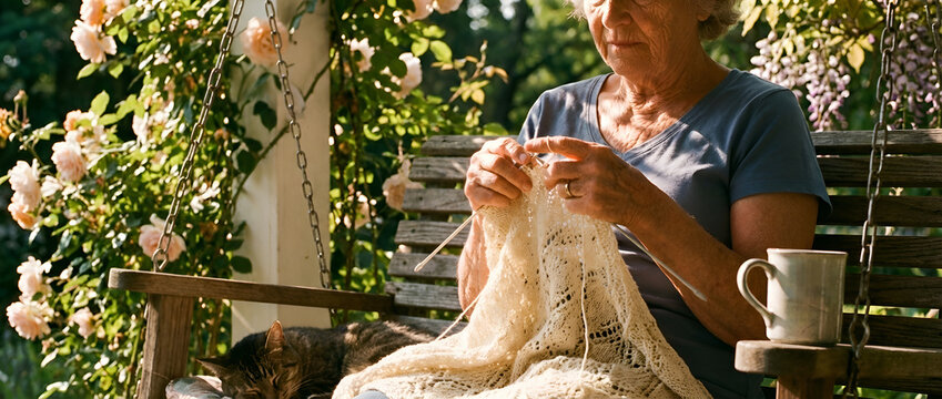 Senior woman with reddish-blonde hair, Caucasian ethnicity, engaged in lace-making or crochet work outdoors in a garden setting surrounded by flowering vines and climbing plants