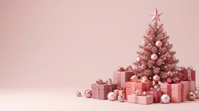 Pink christmas tree decorated with ornaments and gifts