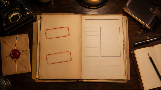 Top-view flat lay of an open vintage case file logbook with blank template pages, red stamp marks, a wax-sealed envelope, and old stationery on a dark wooden desk