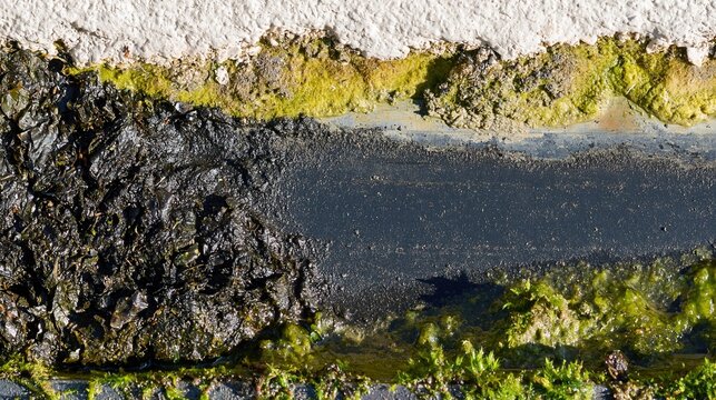 Drain clog with wet black leaf mat and silt in a metal gutter, showing weathered textures for maintenance and repair