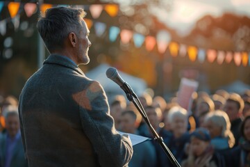 Obraz premium Man politician doing a speech outdoor in front of a crowd of members of a political party