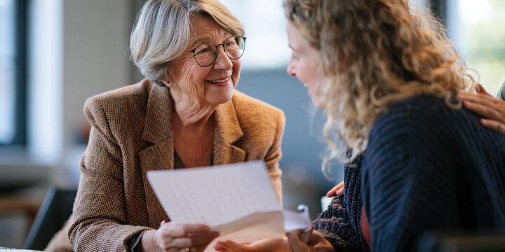 Senior woman reviewing retirement planning insurance documents with a financial advisor, showing a trusting and calm mood for professional services