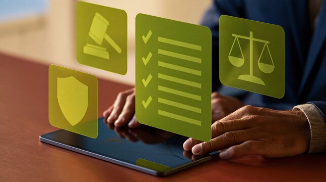 Compliance and governance icons floating over a tablet on a polished walnut boardroom table for business ethics and law content