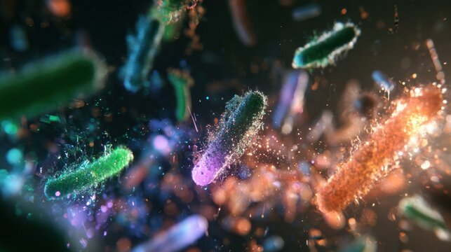 Different glowing forms represent bacterial strains in a harmonious ecosystem designed for therapeutic use against a dark backdrop.