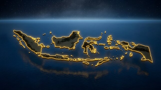 Glowing golden outline map of Indonesia with neon borders on dark blue background 3D render