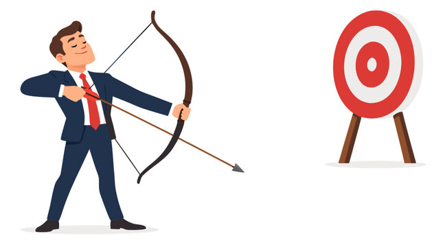 Overconfident businessman in a navy suit aims a bow with an arrow pointing downward away from a red bullseye target on a stand, poor strategy failure concept flat vector illustration on white