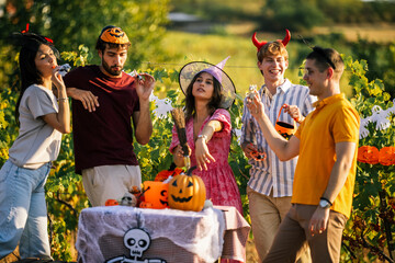 Obraz premium Group of young friends in Halloween costumes celebrating outdoors in a vineyard.