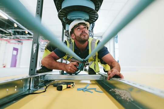 Floating cable drums hover over a man in a hard hat working in a dusty server room for infrastructure and technology metaphors