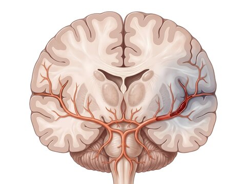 Human Brain Coronal Section Medical Illustration of Ischemic Stroke Showing Middle Cerebral Artery Thrombotic Occlusion and Cerebral Infarction