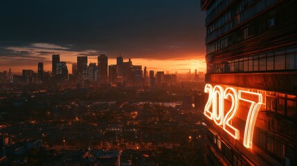 Obraz premium A building displays a neon sign showing 2027 as warm amber light shines against a dark sky. The city skyline is visible in the background.