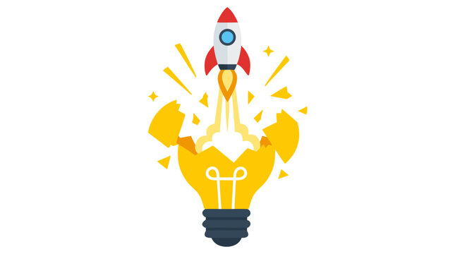 Creative innovation vector illustration of a bright yellow lightbulb bursting open with a red rocket launching upward, golden sparkles, light rays, success, startup ideas, growth symbolism on white