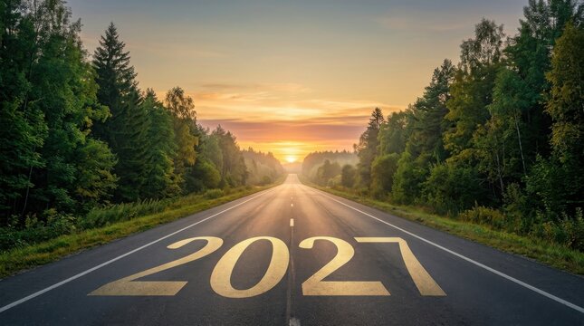 2027 painted on asphalt road leading to sunrise horizon