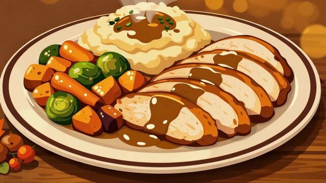 Thanksgiving plate with sliced turkey, mashed potatoes and roasted vegetables with gravy. warm autumn holiday dinner concept.