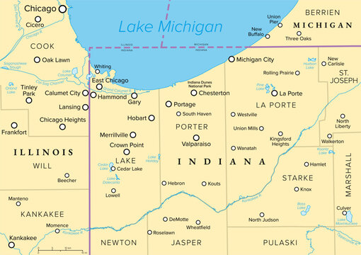 Calumet Region, political map. Geographic area of Illinois and Indiana, in the United States, on the south shore of Lake Michigan. Parts of the counties Lake, Porter, La Porte, Will, and Cook. Vector