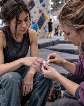 Two women preparing for rock climbing at an indoor climbing gym  