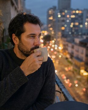 Man sipping coffee while gazing at city lights from a balcony  