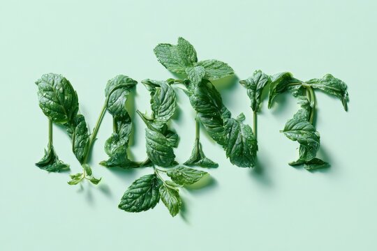 Mint green typography artwork: embossed text formed by mint leaves for editable branding visuals