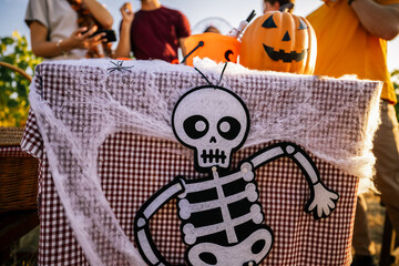 Obraz premium Close-up of Halloween table decorations featuring a skeleton figure, spider web, and carved pumpkin outdoors.