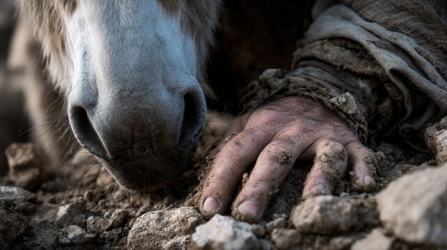 Humanitarian crisis and poverty human hand touching donkey nose in rural landscape empathy and connection between human and animal in harsh environment