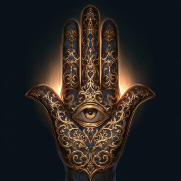 Moody Hamsa hand artwork featuring an eye in the palm, decorative patterns and luminous accents