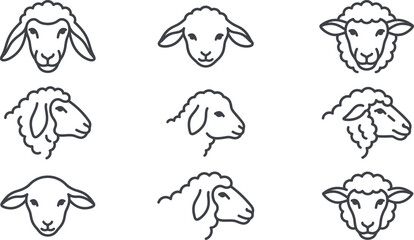 Obraz premium Sheep and lamb head line art icon set featuring various minimalist ram ewe faces profiles and outlines for farming agriculture logos vector