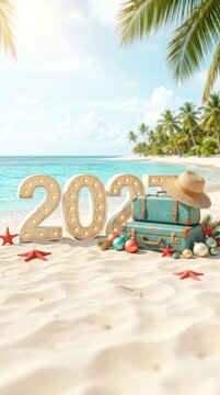 Luggage and 2027 glowing numbers on tropical beach sand