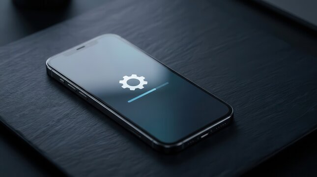 Smartphone screen displaying gear icon loading progress bar for app update or system maintenance