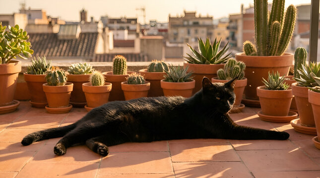 Black cat stretching on sunny rooftop terrace surrounded by potted cacti and succulents in clay pots, urban cityscape background, pet relaxation scene