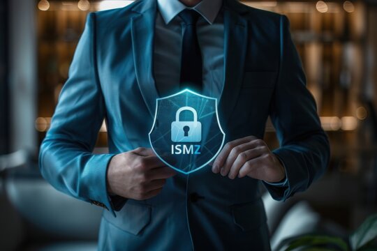 ISO 27001 concept. Businessman with ISO 27001 certified for information security management system (ISMS). requirements, certification, management, standards