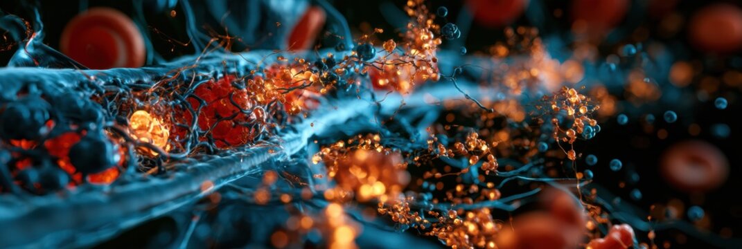 A cross-section of the blood-brain barrier detailing tight junctions and the movement of beneficial molecules through a dark background.