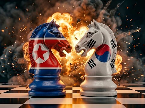 North Korea and South Korea Geopolitical Conflict. East Asian geopolitics, Korean Peninsula tensions, international diplomacy, military standoff, nuclear threat analysis, global security, political