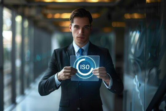 ISO 27001 concept. Businessman with ISO 27001 certified for information security management system (ISMS). requirements, certification, management, standards