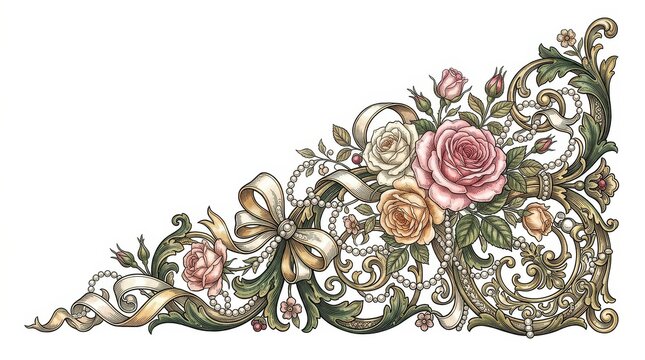 Vintage floral corner border with pink roses and golden scrolls, elegant baroque flower frame element, antique victorian botanical illustration