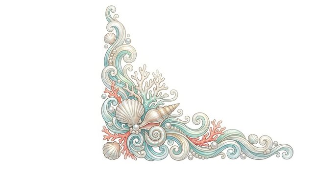 Vintage nautical corner border with seashells and coral, elegant pastel ocean wave frame element, decorative sea life scrollwork for wedding invitations